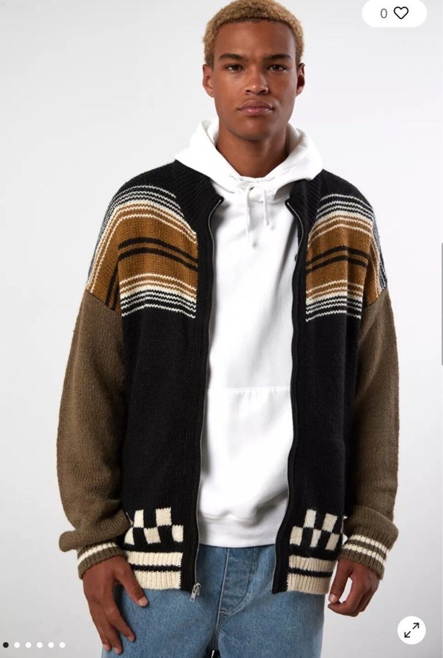 Without Walls Men’s Retro Zip Cardigan Sweater M Striped Checkered Streetwear